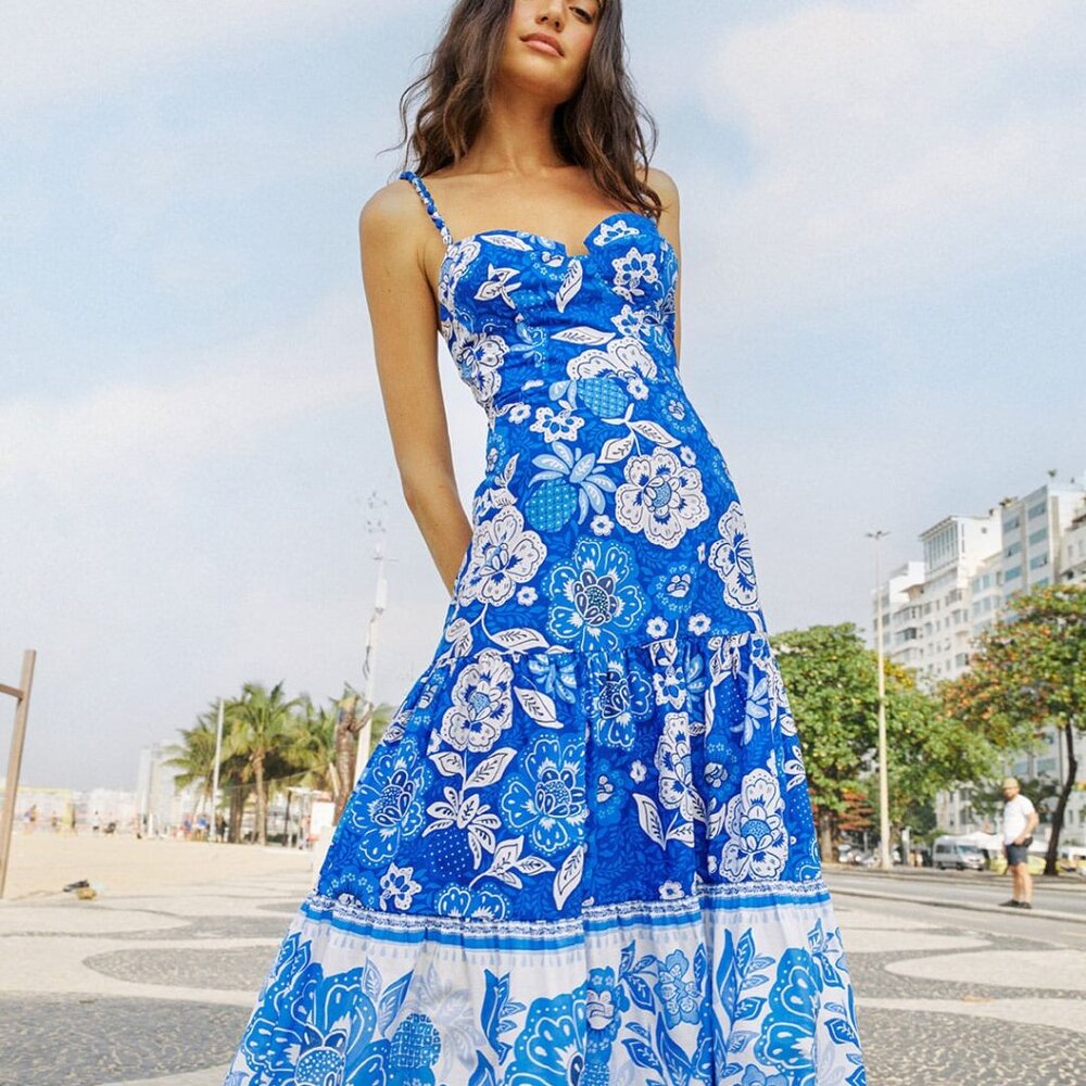 Blue Full Of Flowers Organic Cotton Midi Dress
